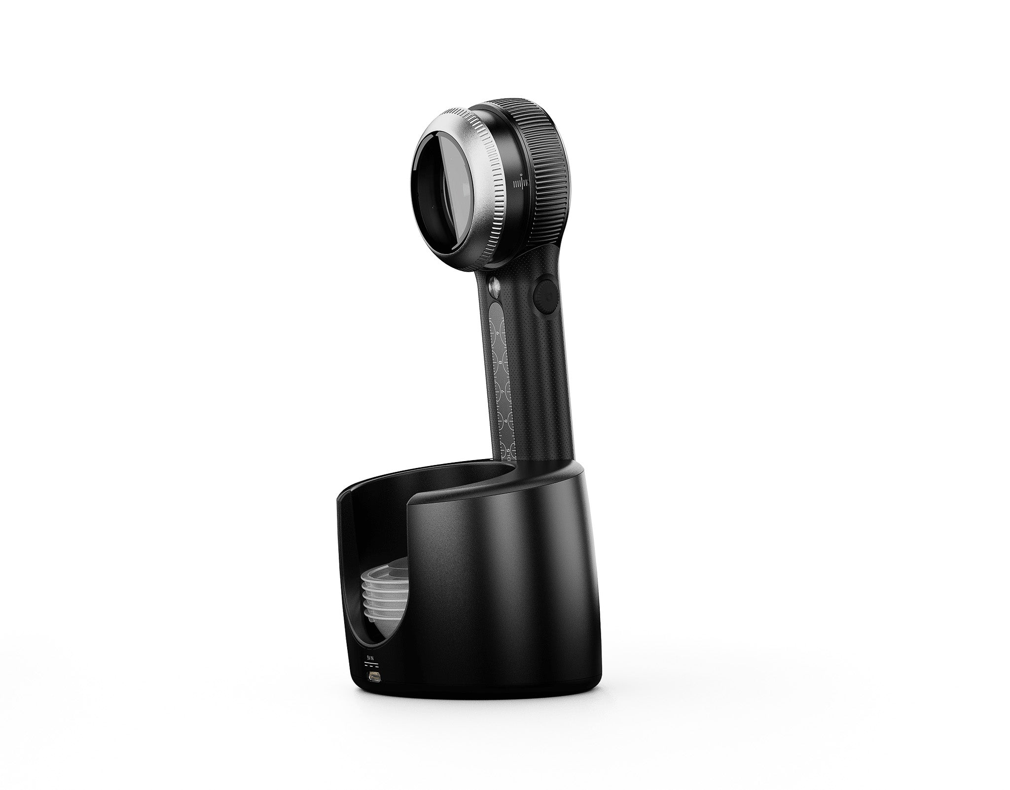 Side view of DermLite DL5 resting on its charging base.