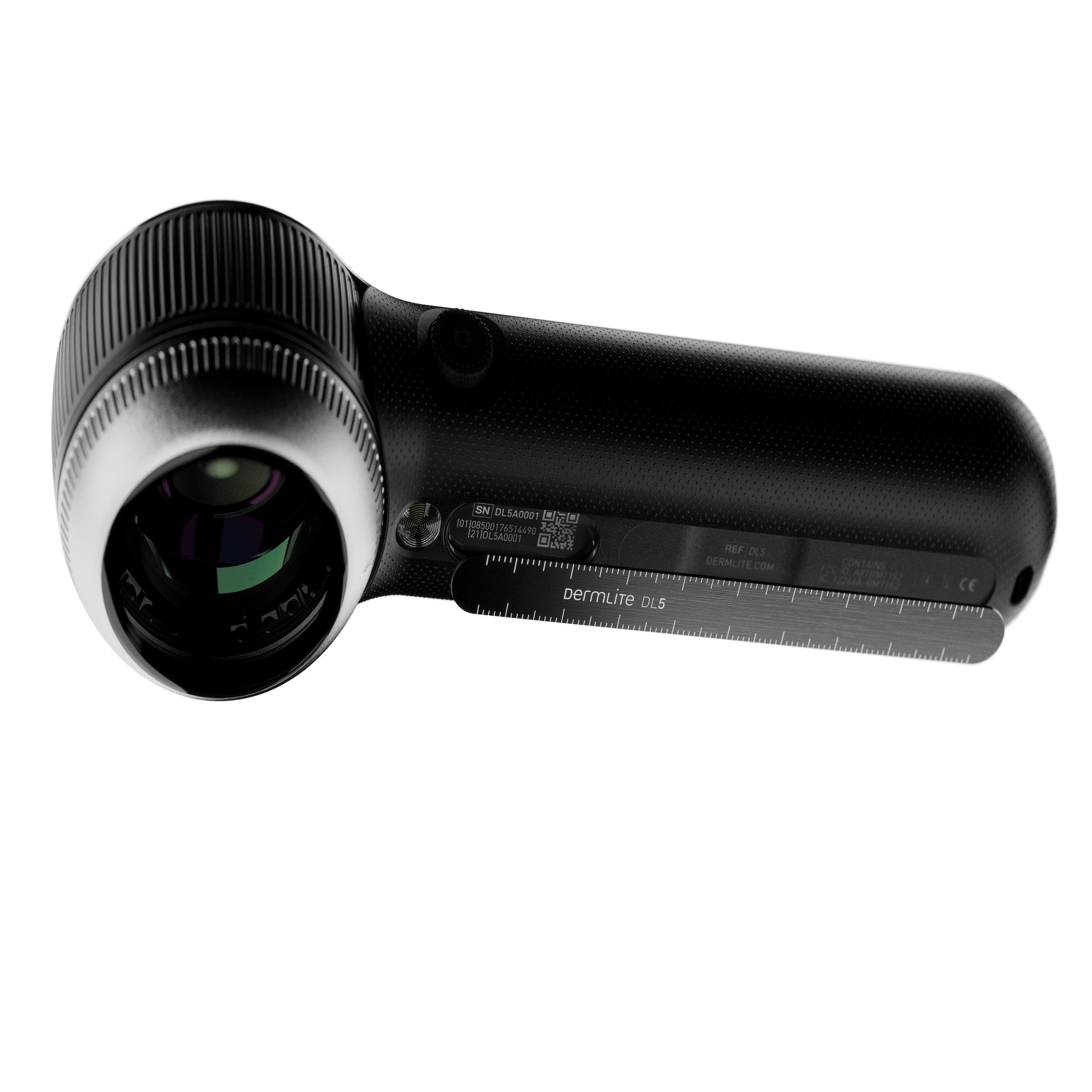 Downward angled view of DermLite DL5 with ruler magnetically slightly raised.