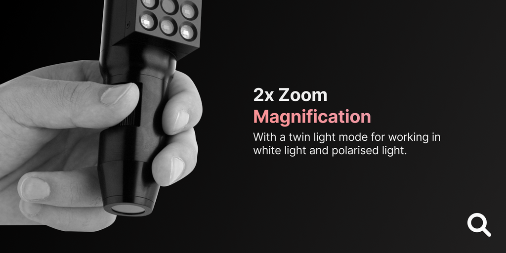 with a twin light mode for working in white light and polarised light
