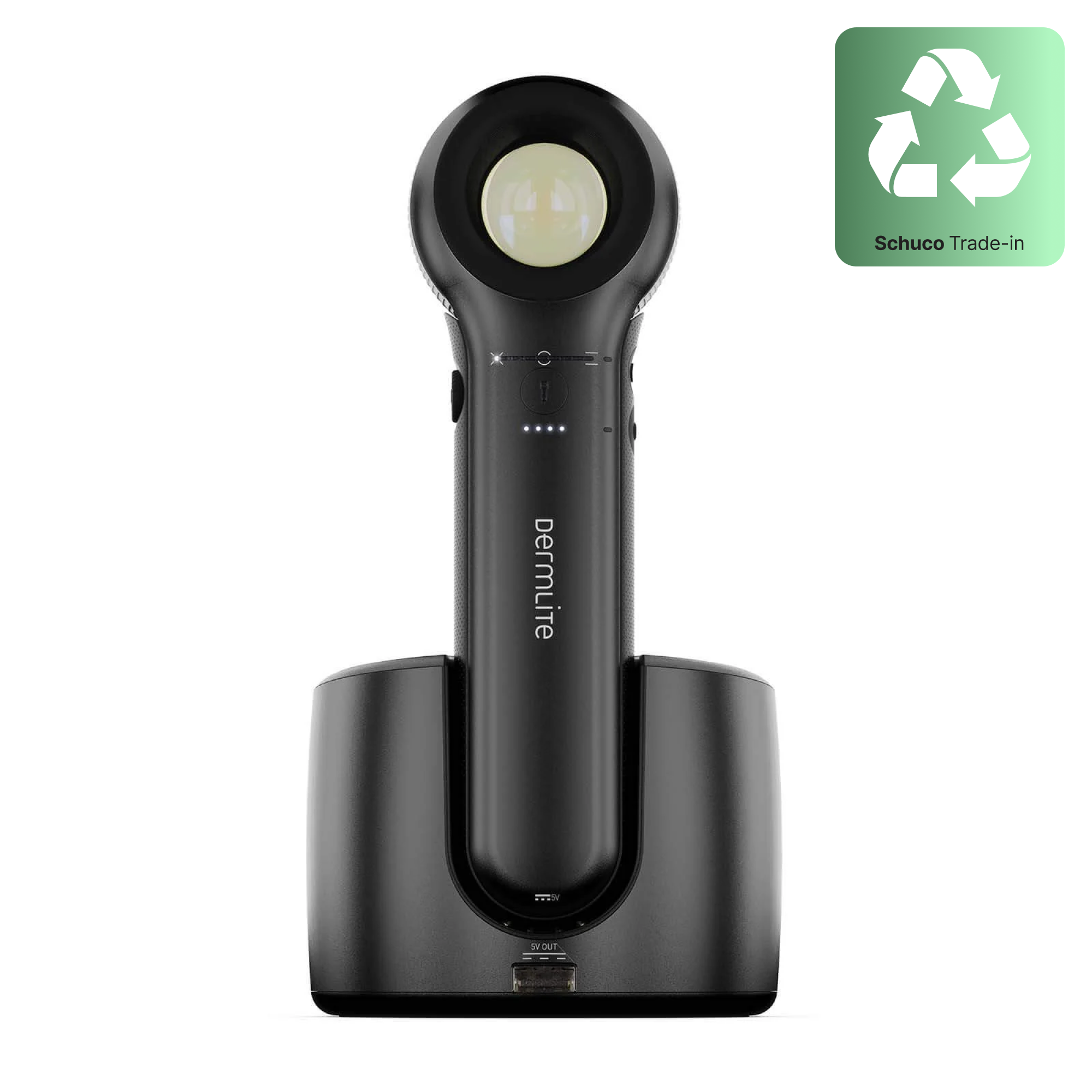 DermLite DL5 Trade-In dermatoscope placed on a charging base