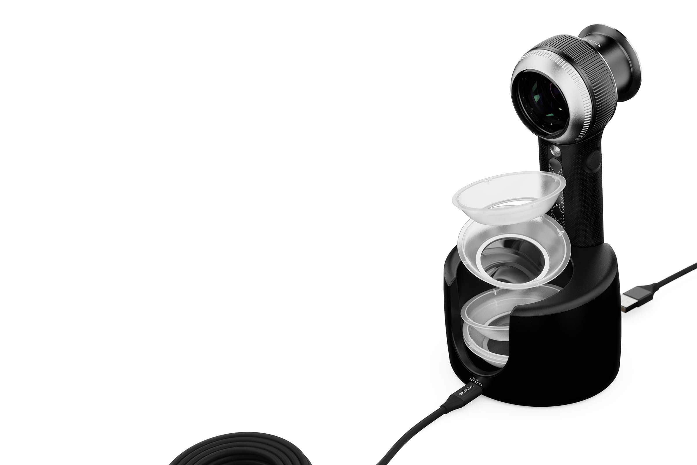 DermLite DL5 plugged into charging base with IceCap holder in the back being utilised.