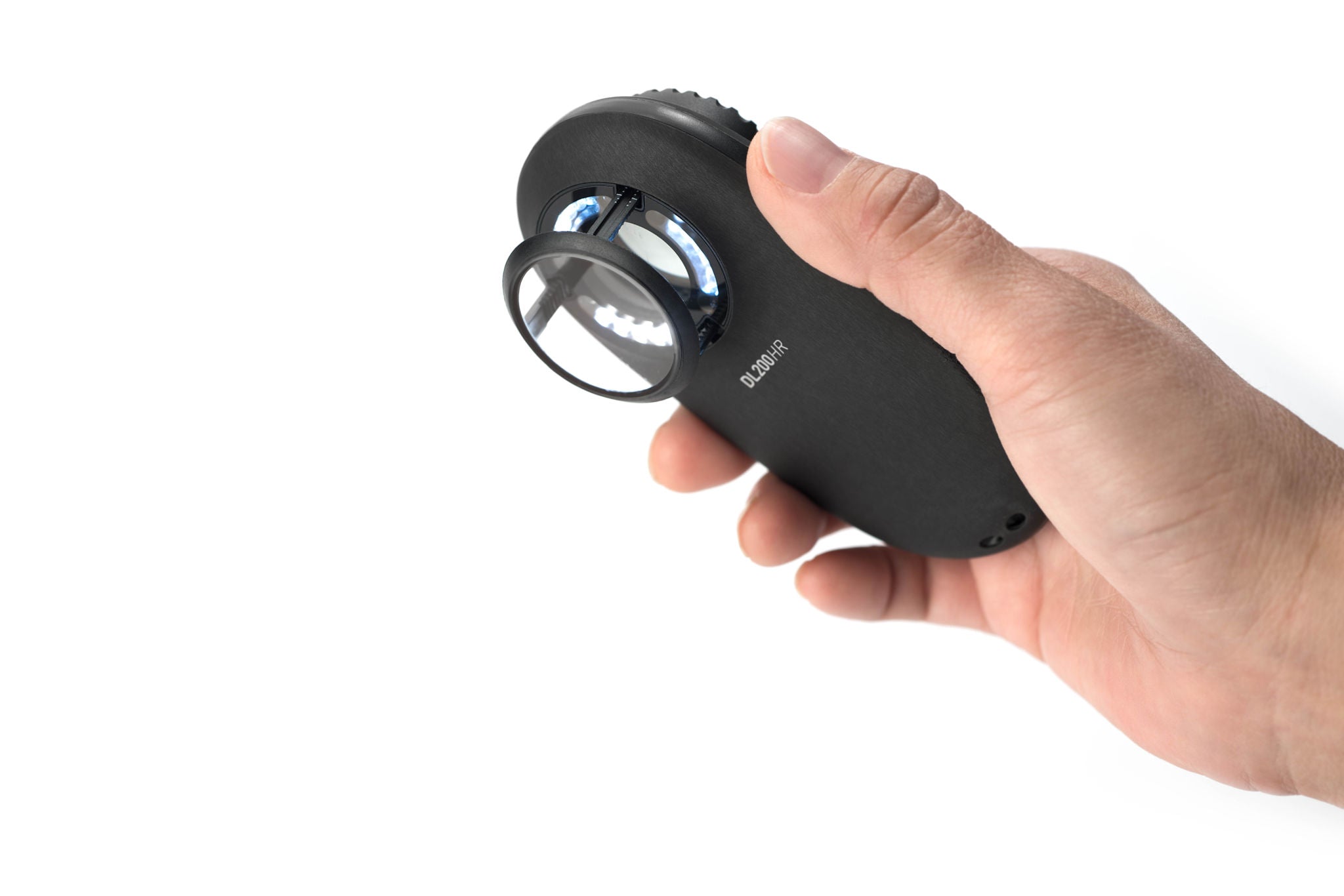 Hand holding the DermLite DL200 HR dermoscopy device