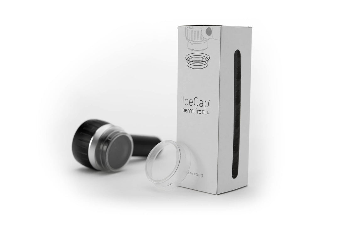 A box of IceCaps with a DermLite DL4 dermatoscope.