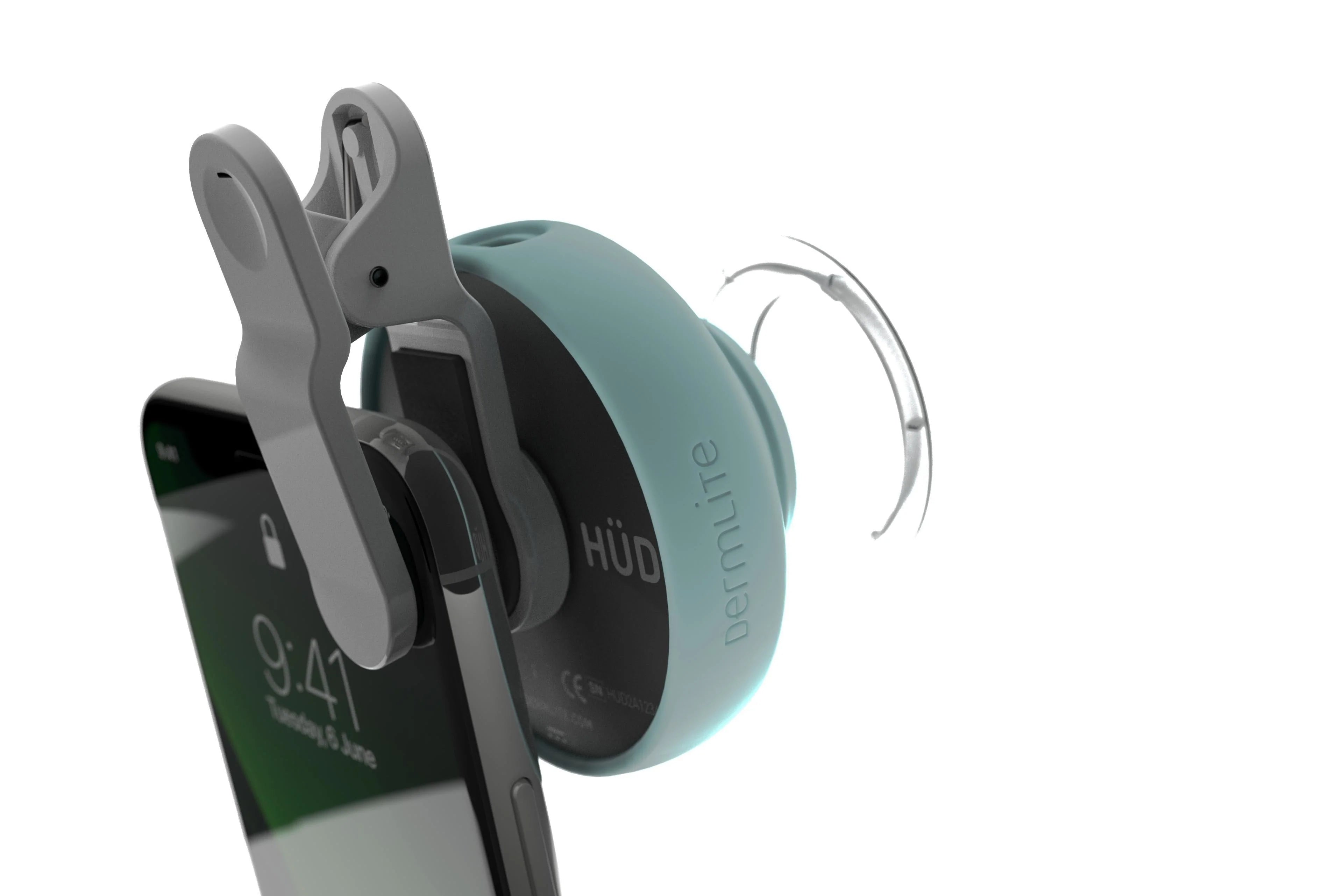 Angled view of DermLite HUD 2 dermatoscope attached to an iPhone.