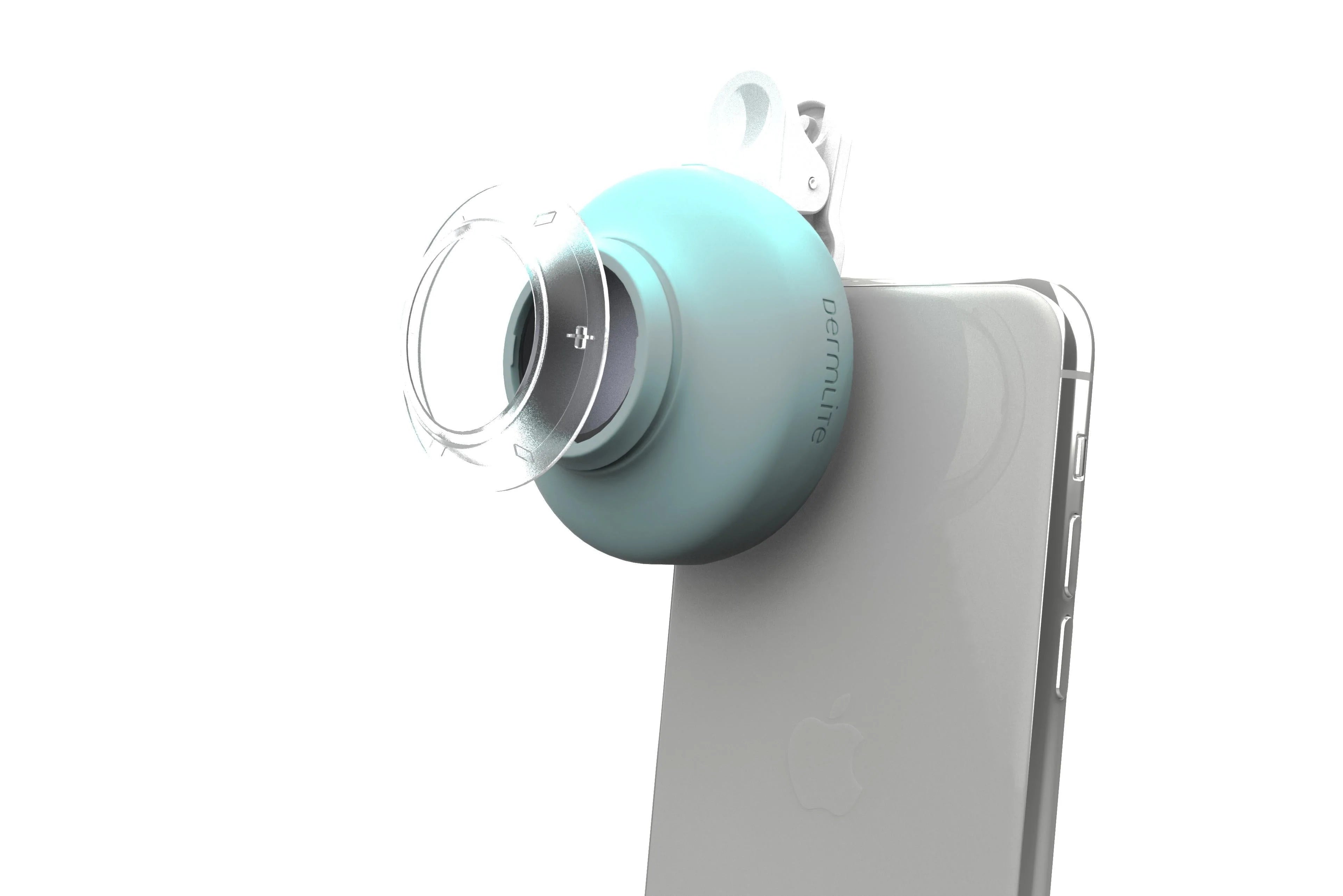 Front angle view of DermLite HUD 2 dermatoscope attached to an iPhone with an IceCap slightly raised on device.