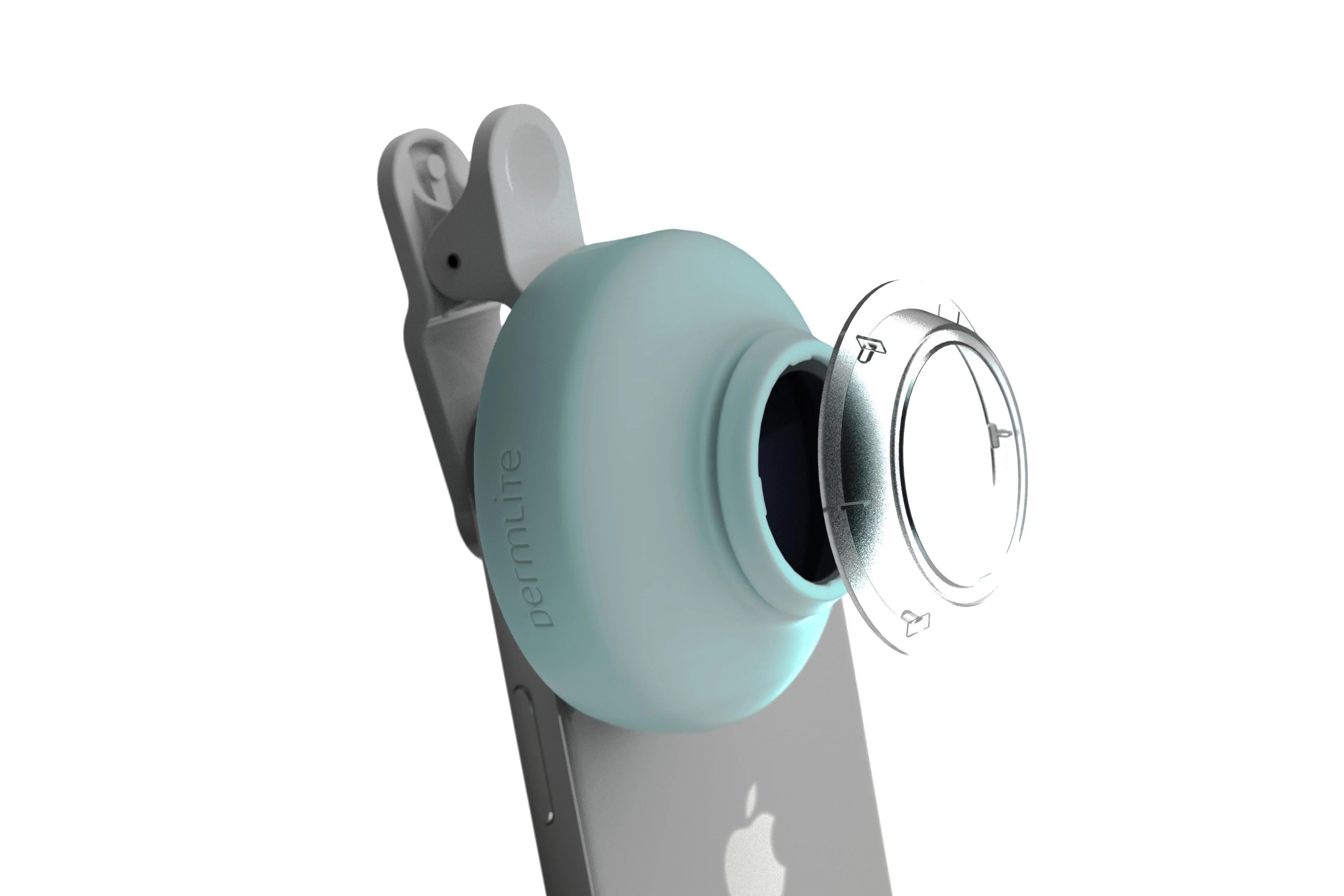 Back angle view of DermLite HUD 2 dermatoscope attached to an iPhone with an IceCap slightly raised on device.