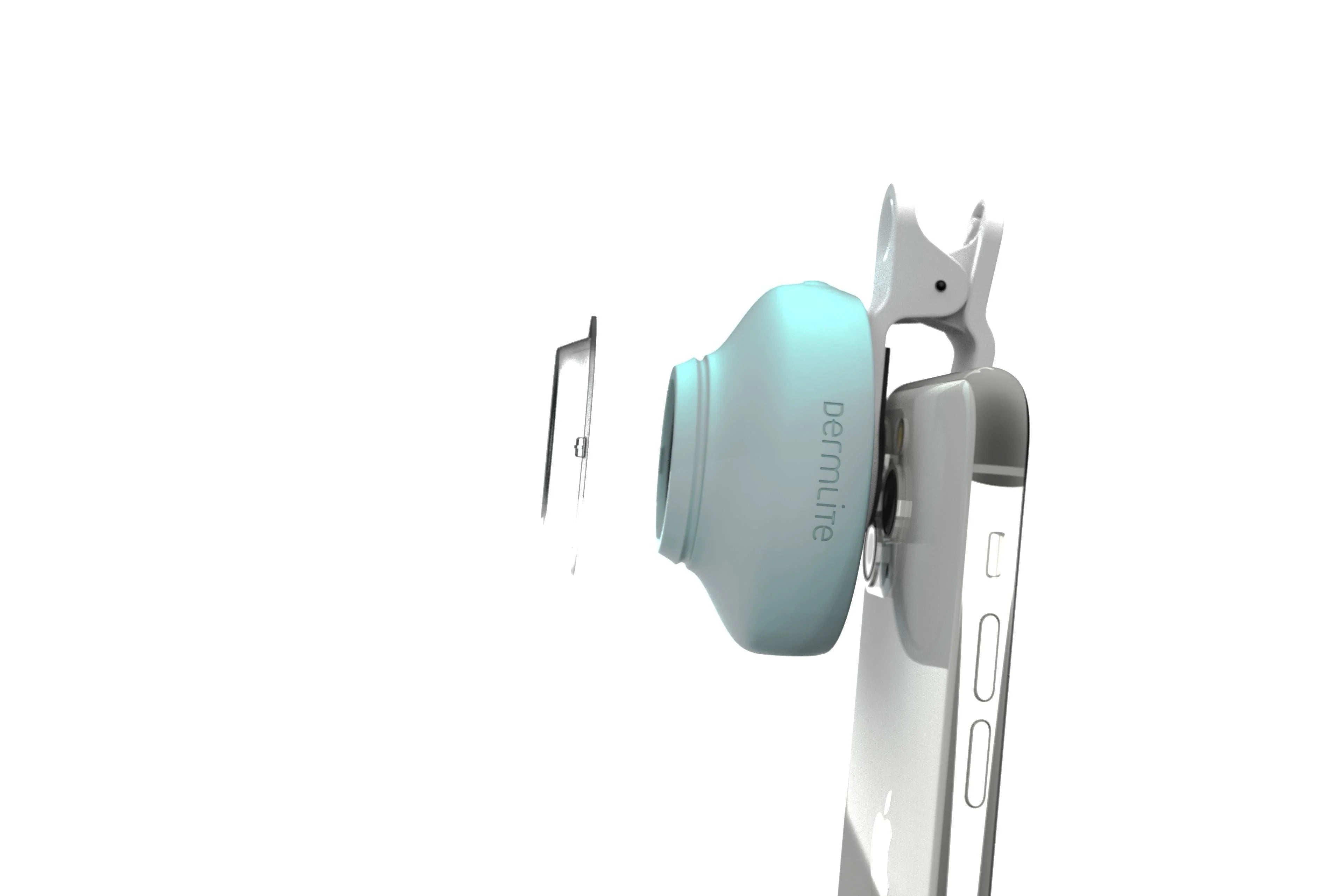 Side view of DermLite HUD 2 dermatoscope attached to an iPhone.