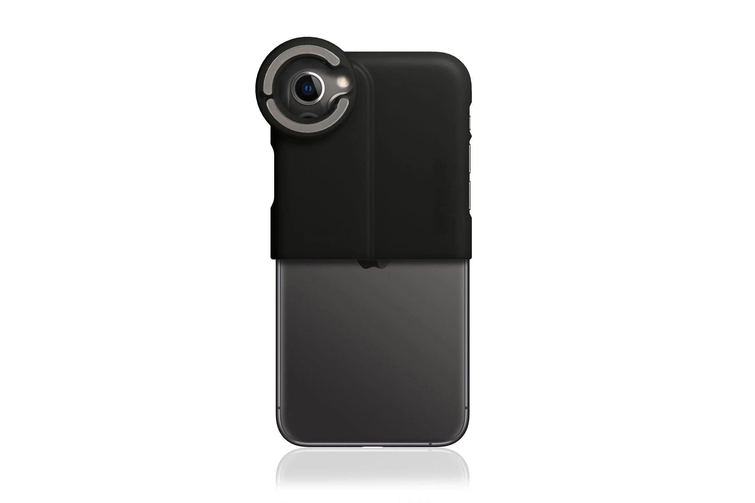 Half of the DermLite connection kit case being used on an iPhone