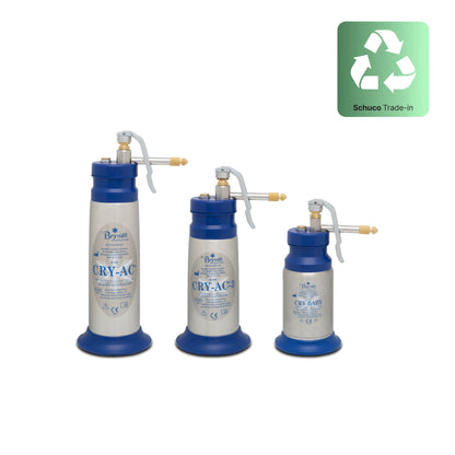 Three cryogenic canisters with blue and white design on a white background, featuring a recycling logo.