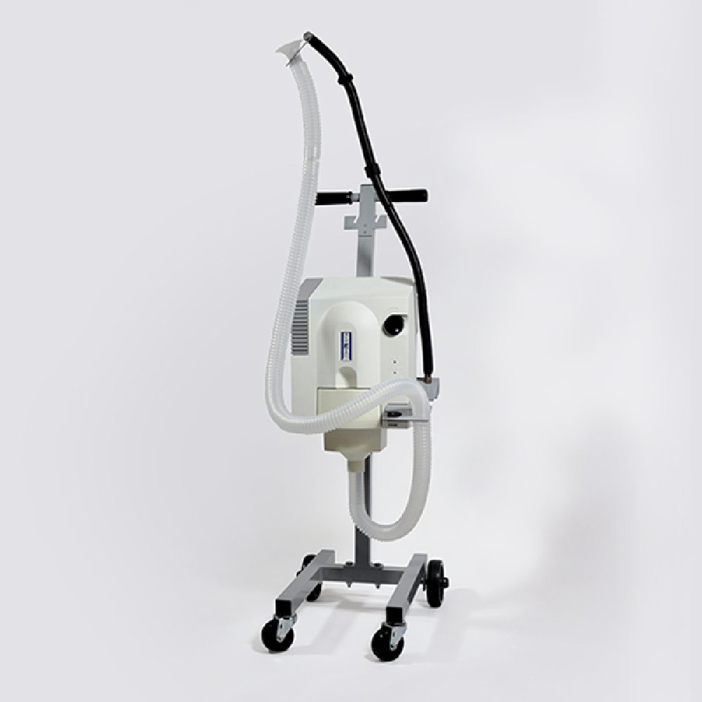 Full view of AcuEvac fitted on a portable trolley with all accessories.